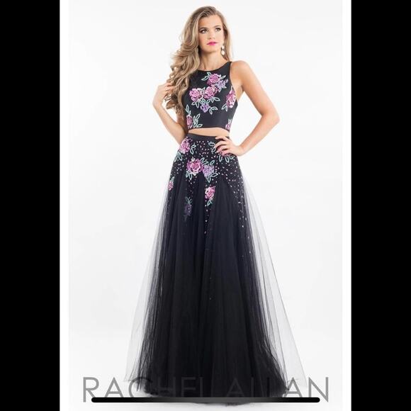 Rachel Allan 7511 floral black tulle high neckline two piece prom dress NEW 0 - Picture 1 of 12